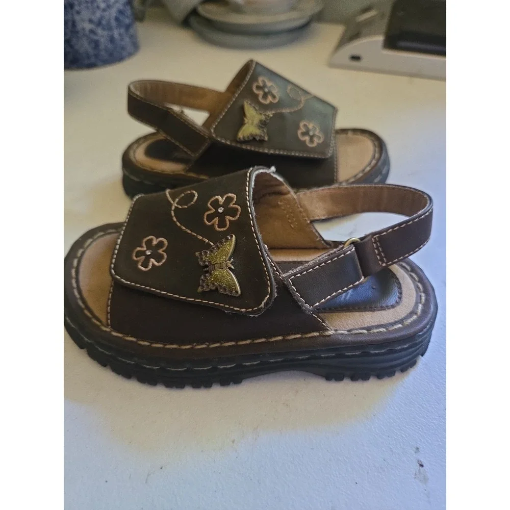 Toddler Vintage Hearts & Flowers Size 8 Chunky Sandals Leather Brown Y2K